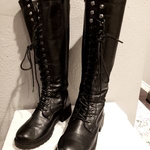 Torrid black faux leather combat (wide width & calf) knee high boots